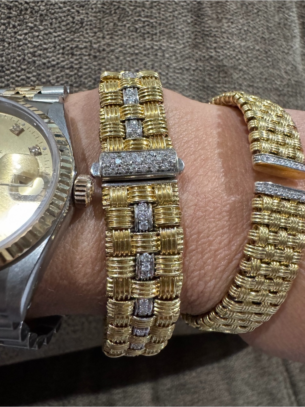 Roberto Coin Appassionata 18K Yellow & White Gold Diamond Weave Bracelet 7.25”